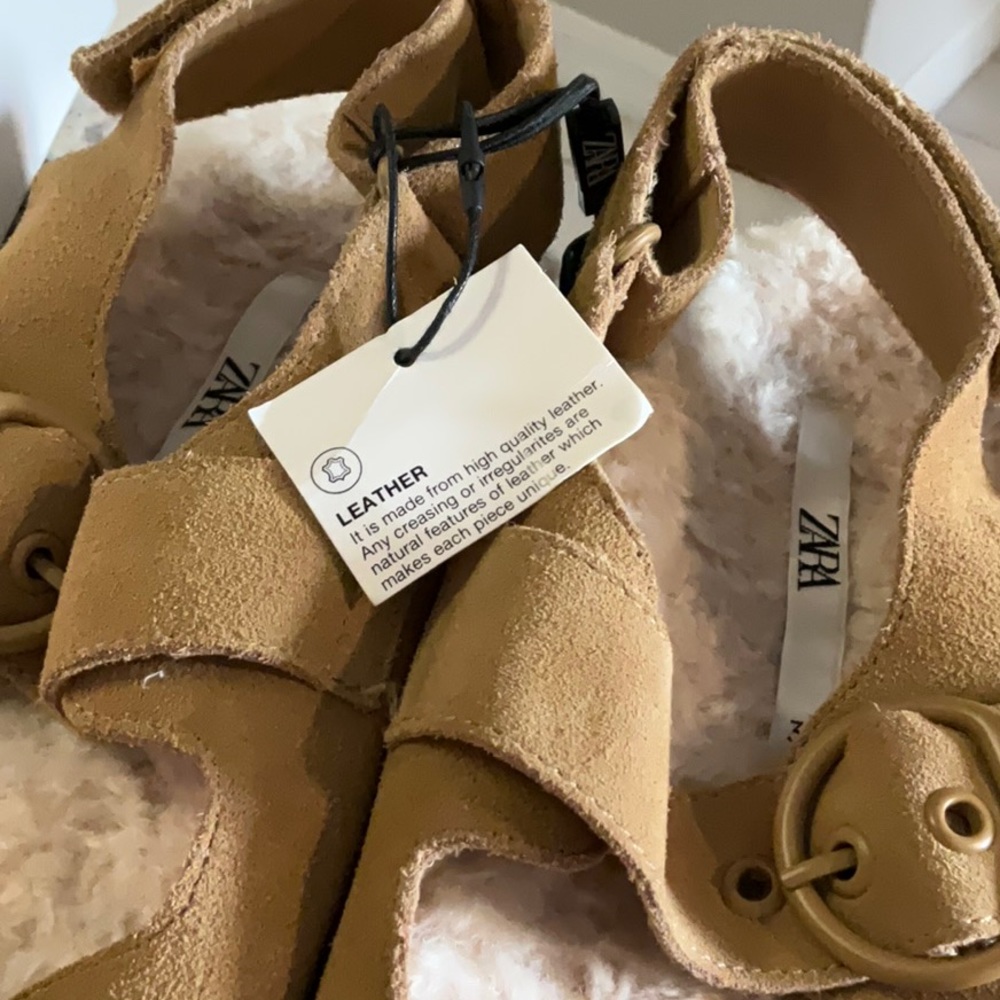 ZARA flat real leather‎ faux straps sandals fur warm and cozy sleepers size 6/7 - Picture 6 of 6